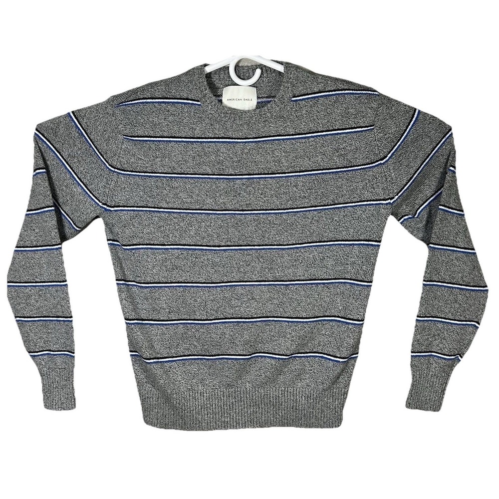 American Eagle Outfitters Sweater Men's Pullover Crew Neck‎ Gray Blue Stripes